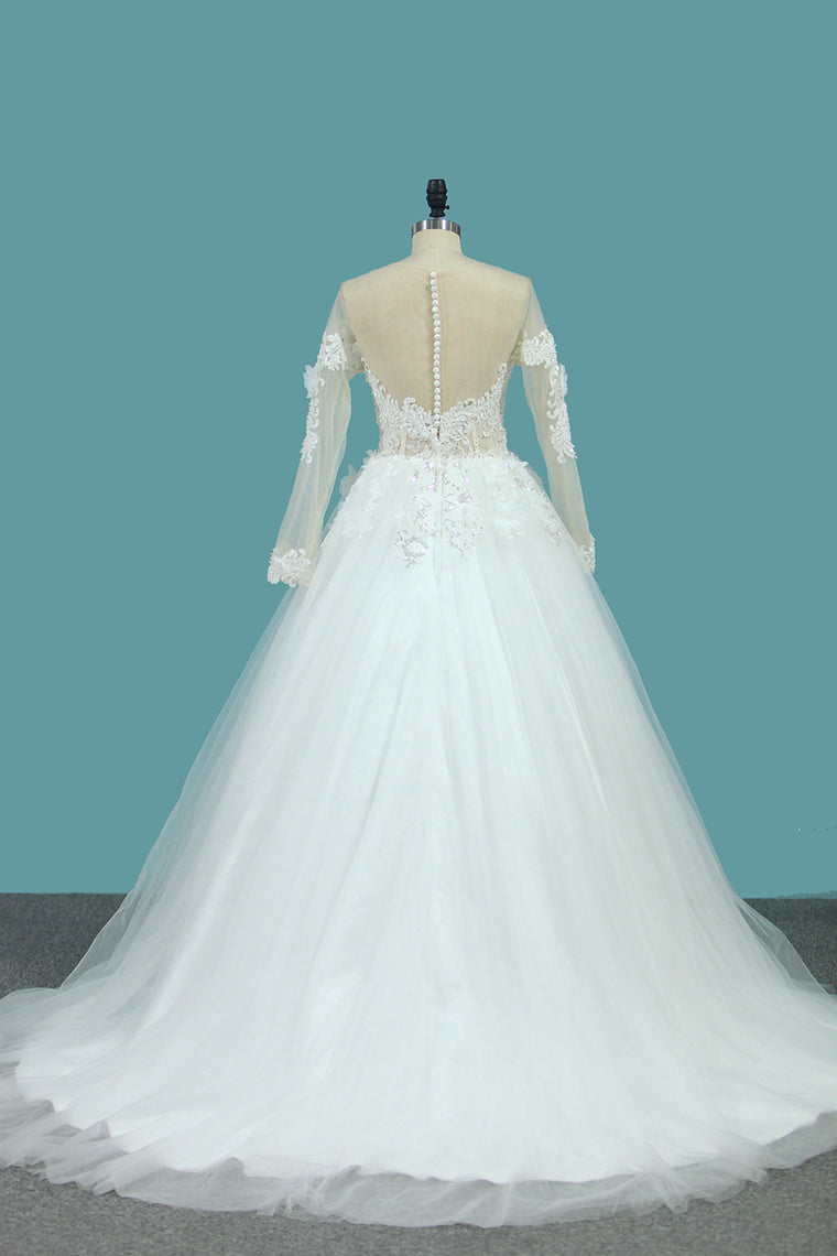 2024 A Line Long Sleeves Tulle Scoop Wedding Dresses With Applique And Beads Sweep Train