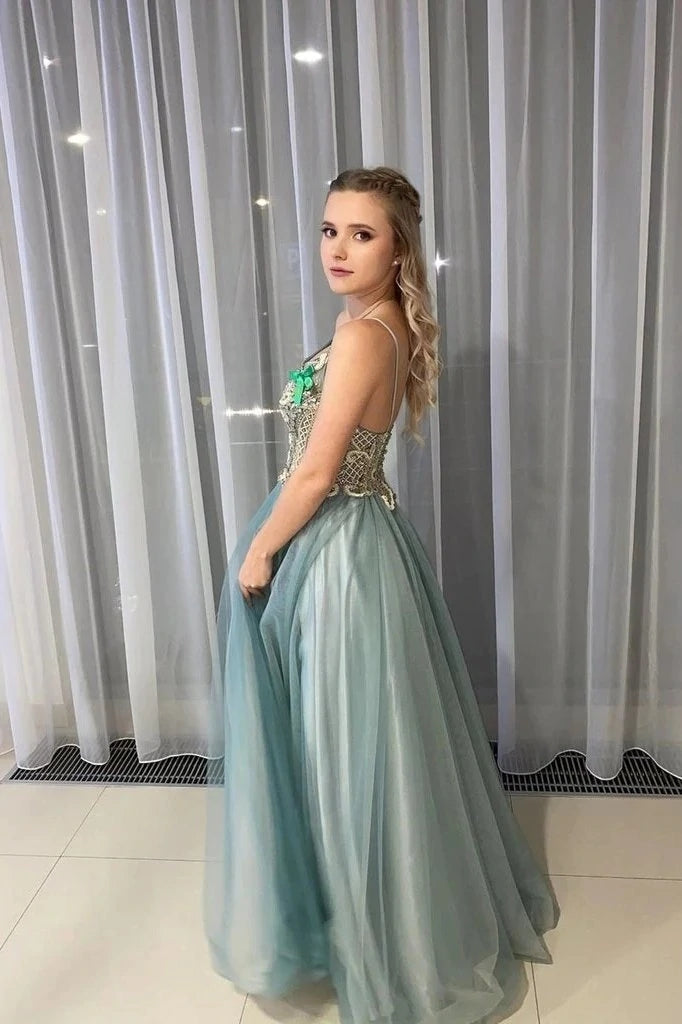 Dusty Sage Spagahetti Straps A-Line Beades Sweetheart Formal Evening Dresses Long Prom Dresses