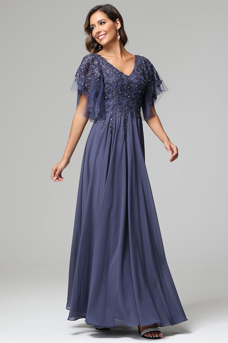 Elegant V-neck Short Sleeves Chiffon Appliqued Mother of the Bride Dresses