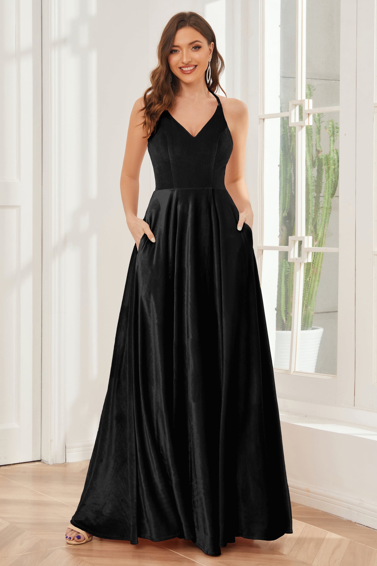 A-line Straps Velvet Bridesmaid Dresses with Slit