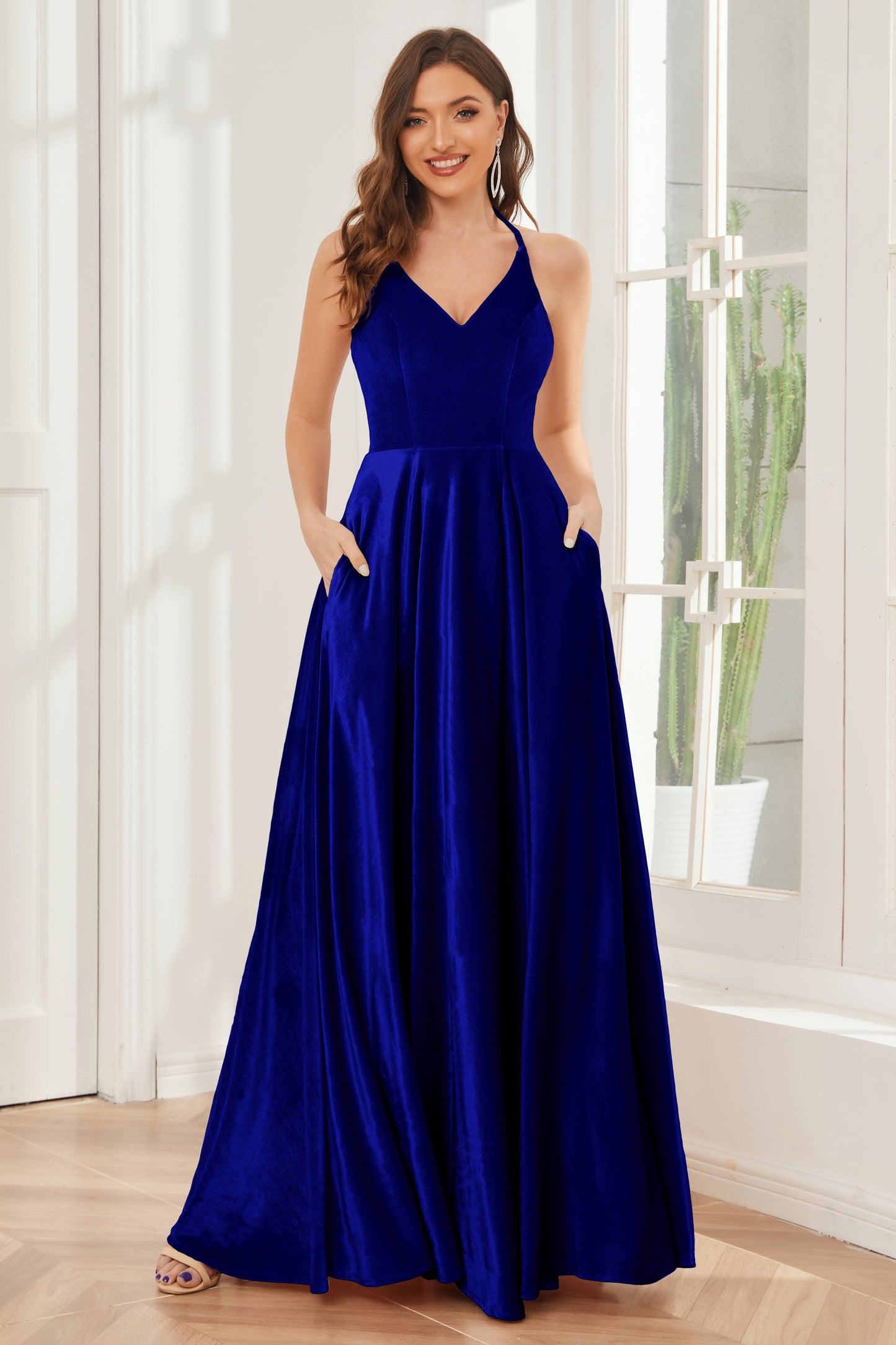 A-line Straps Velvet Bridesmaid Dresses with Slit