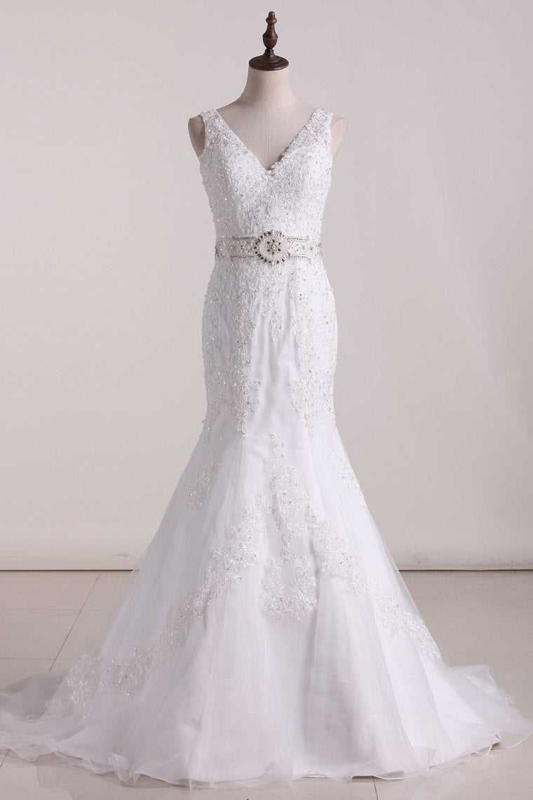 2024 V-Neck Wedding Dresses Mermaid/Trumpet Tulle With Embroidery And Beads Court Train