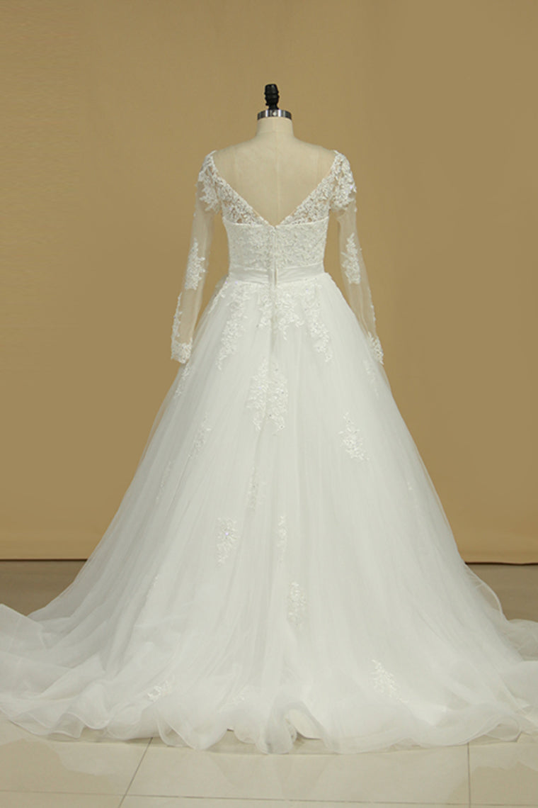 2024 Long Sleeves V Neck Tulle With Applique A Line Wedding Dresses