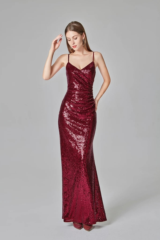 Affordable Simple Spaghetti Straps Long Burgundy Sparkly Prom Dresses