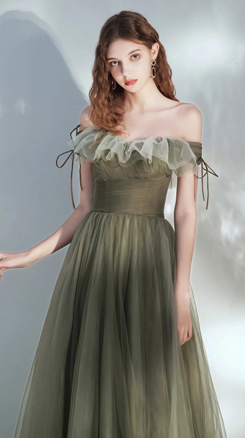 Off the Shoulder A Line Tulle Floor Length Green Elegant Fairy Dresses Prom Dresses