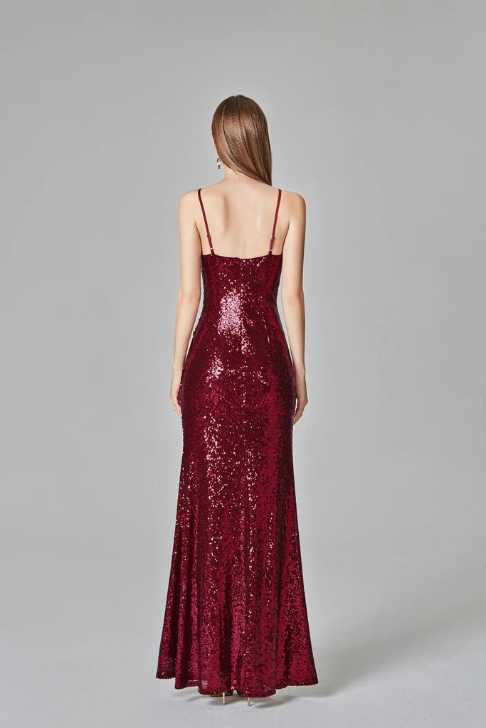 Affordable Simple Spaghetti Straps Long Burgundy Sparkly Prom Dresses