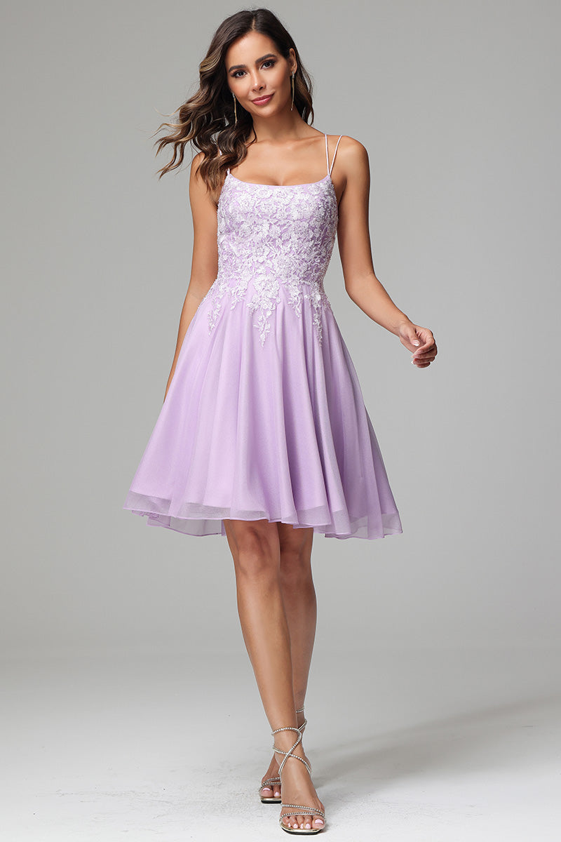 Lilac A-line Spaghetti Straps Short Homecoming Dress with Appliques