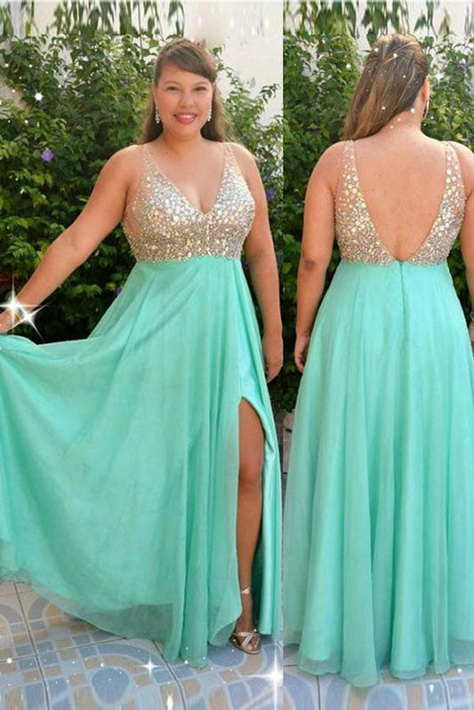 Simple V Neck Open Back Sleeveless Beading Floor Length Chiffon Prom Dresses