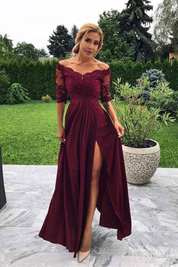 Elegant Burgundy Off Shoulder Half Sleeves Split Side Prom Dresses