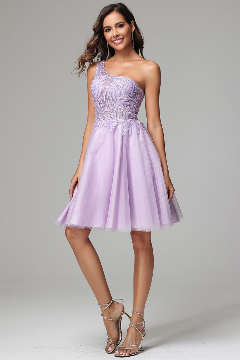 One Shoulder A-line Lilac Short Homecoming Dress with Appliques