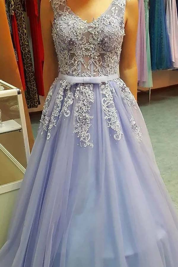 Delicate V Neck Open Back Floor Length With Lace Appliques Prom Dresses