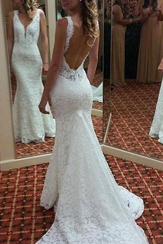 Elegant V Neck Backless Mermaid Lace Appliques Wedding Dresses Sweep Train