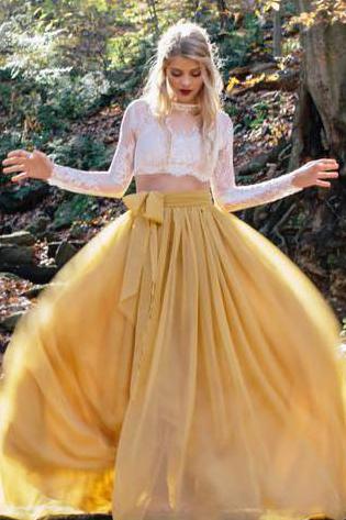 Yellow Two Pieces Long Sleeve Rustic Country See Through Wedding Dresses