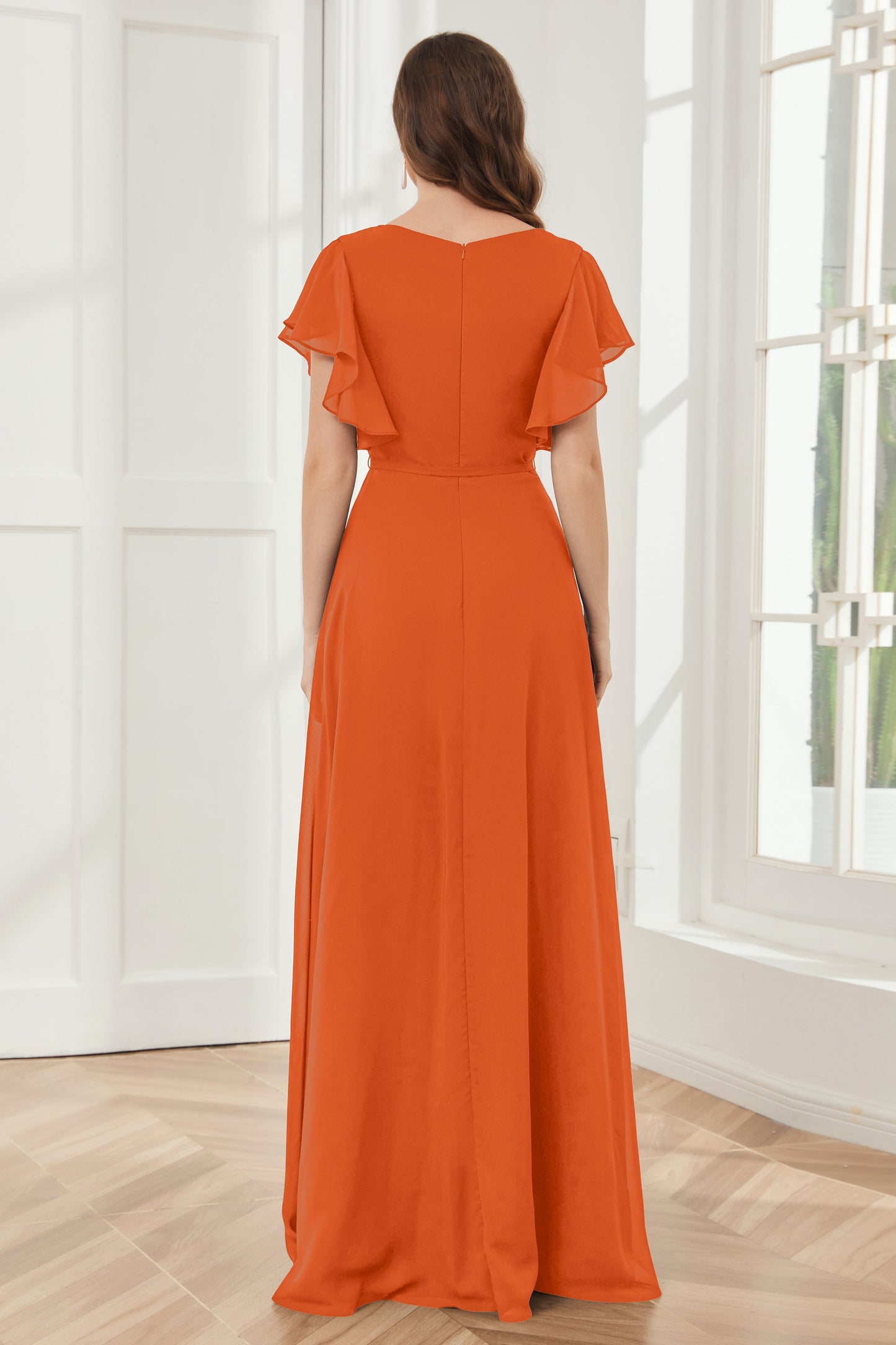 V-neck Ruffles Sleeves Chiffon Bridesmaid Dresses with Slit