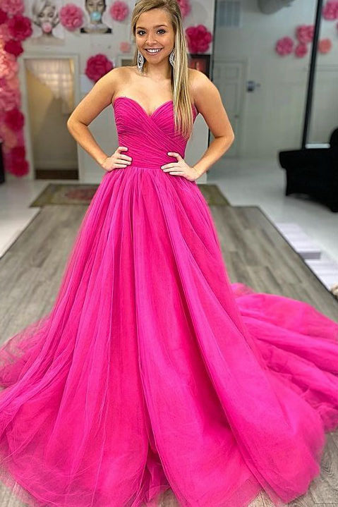 Strapless A Line Sweetheart Evening Dresses Formal Dresses Tulle Long Prom Dresses