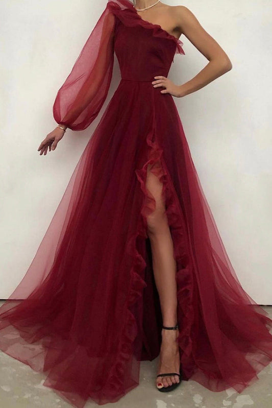 Tulle Prom Dresses A Line Long Evening Dresses Burgundy One Shoulder